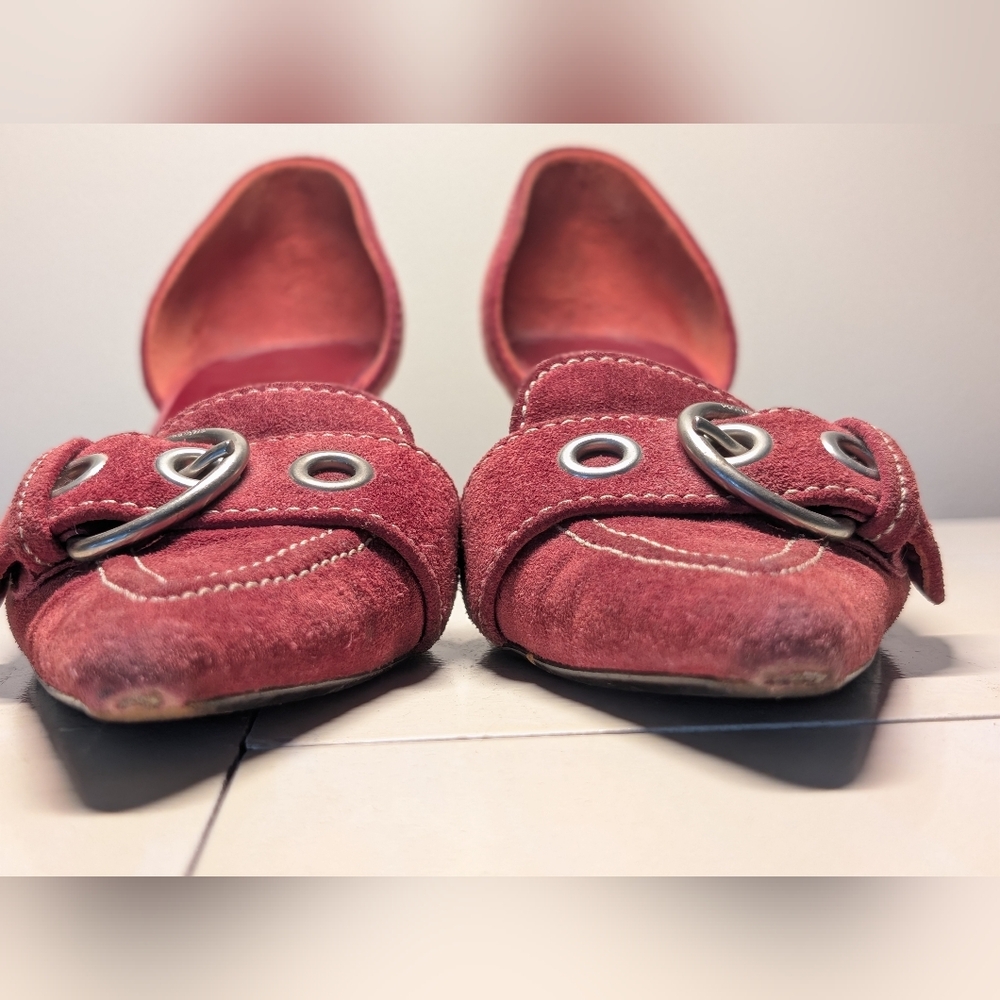 PRADA RARE VINTAGE Red Suede Buckle Kitten Heels Circa Y2K - 37 EU/7 US - Picture 4 of 15